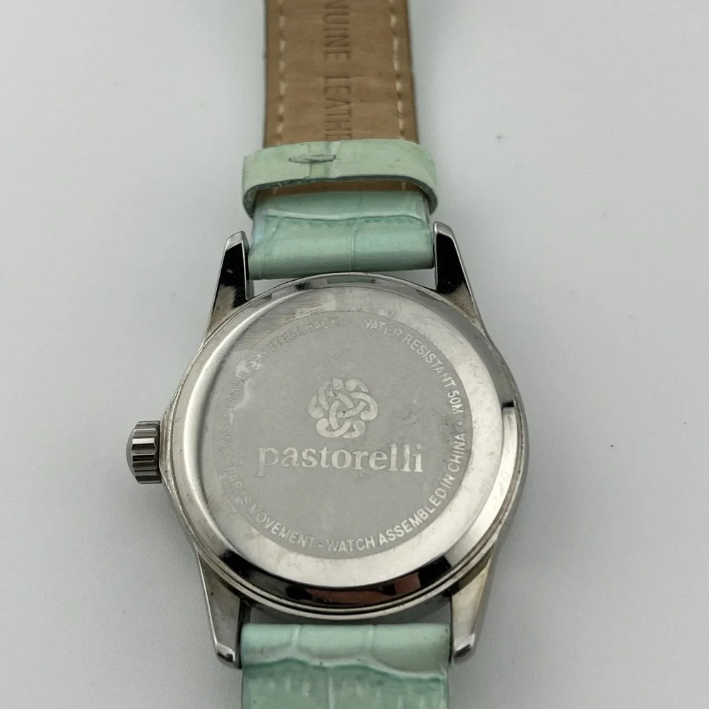 Pastorelli Watch Women 34mm Case MOP Dial Blue Leather Band Swiss- New Battery